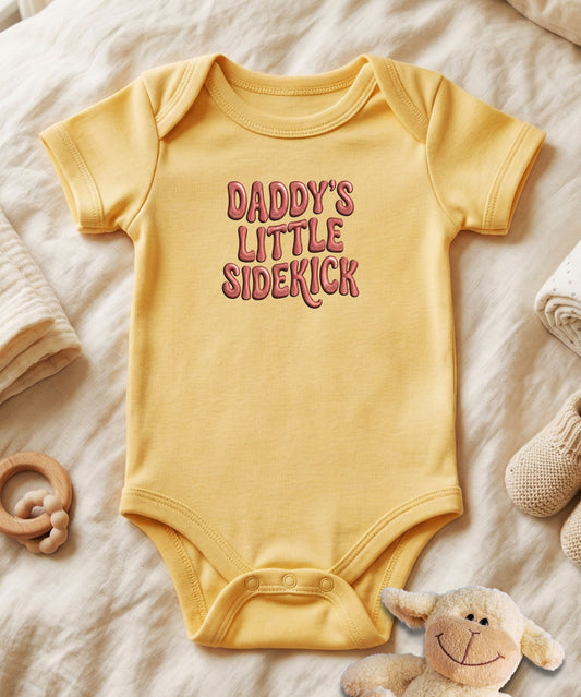 Daddy's Little Sidekick Stitch Font Baby Bodysuit