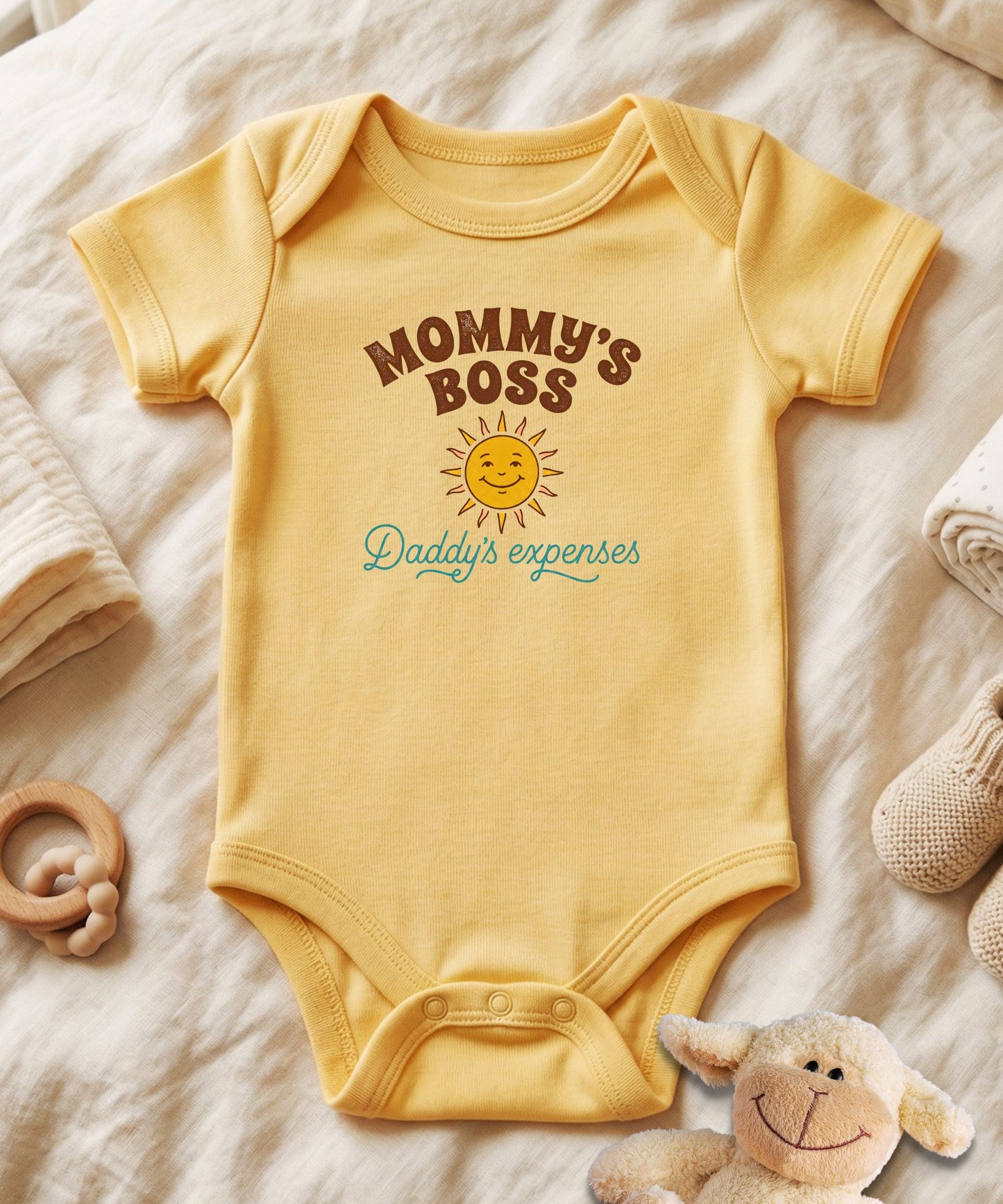 Mommy's Boss Daddy's Expenses Retro Sun Baby Bodysuit