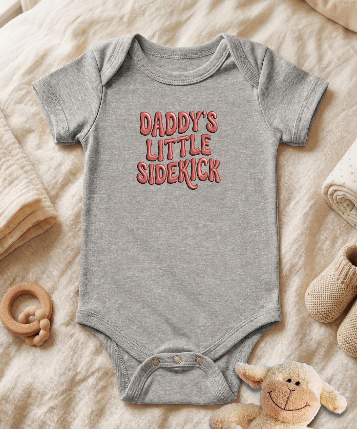 Daddy's Little Sidekick Stitch Font Baby Bodysuit