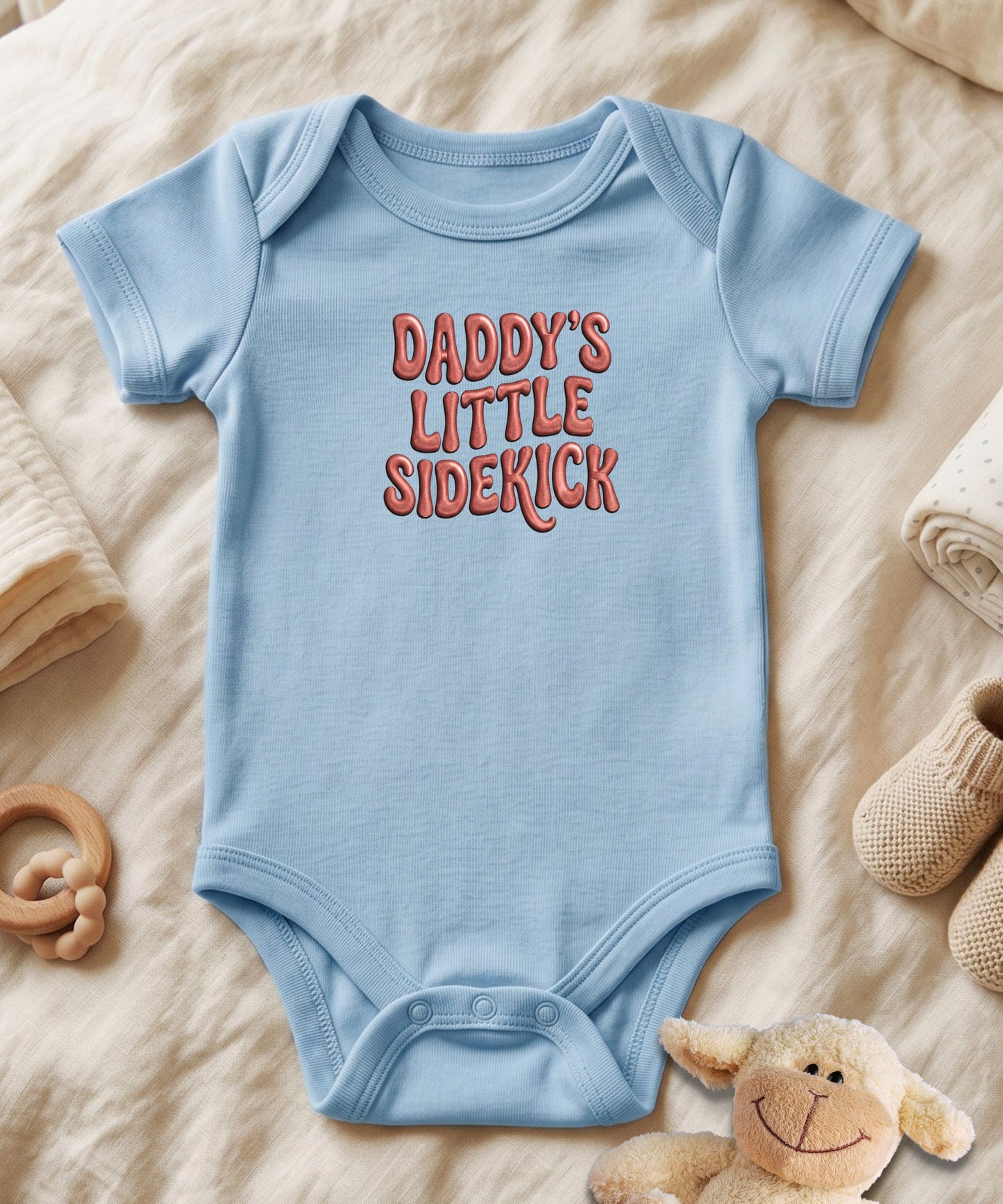 Daddy's Little Sidekick Stitch Font Baby Bodysuit
