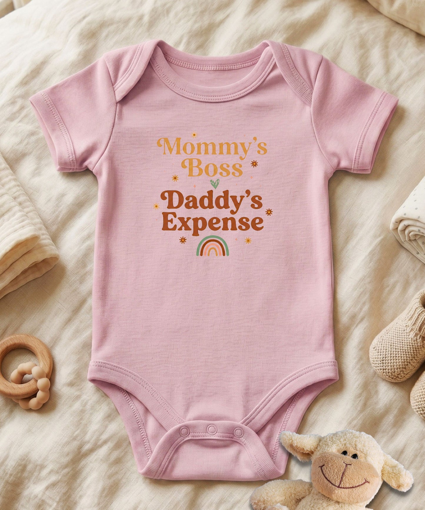 Mommy's Boss Daddy's Expense Retro Rainbow Baby Bodysuit