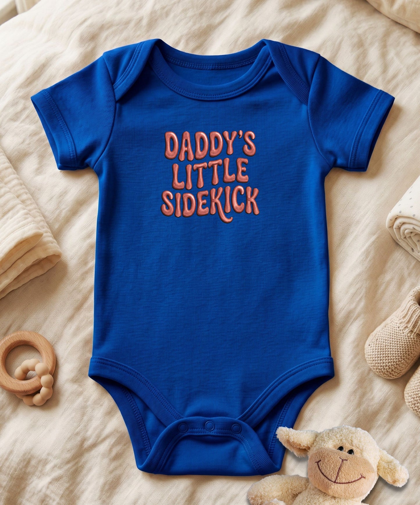 Daddy's Little Sidekick Stitch Font Baby Bodysuit