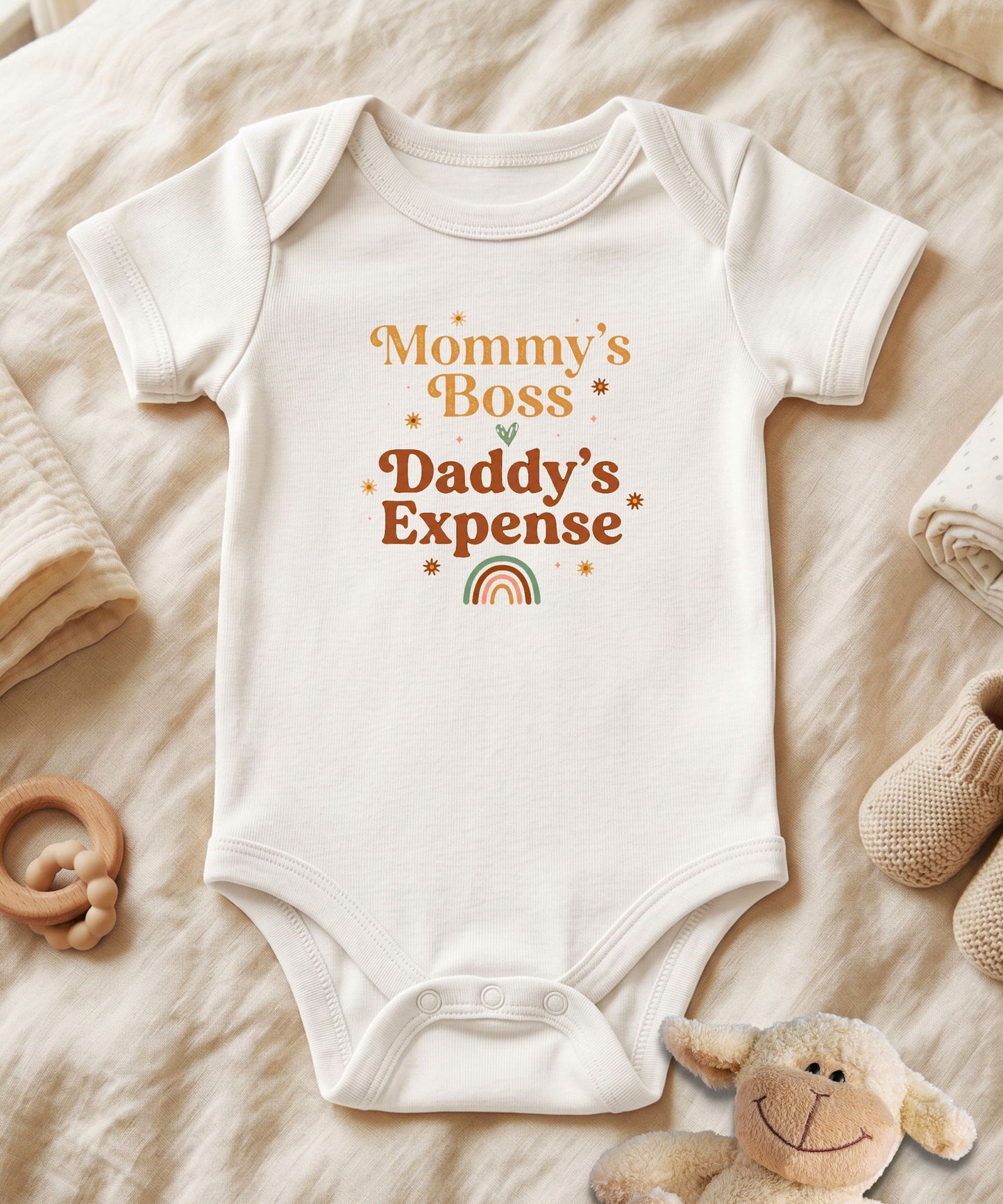 Mommy's Boss Daddy's Expense Retro Rainbow Baby Bodysuit