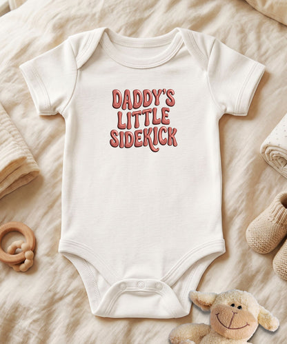 Daddy's Little Sidekick Stitch Font Baby Bodysuit
